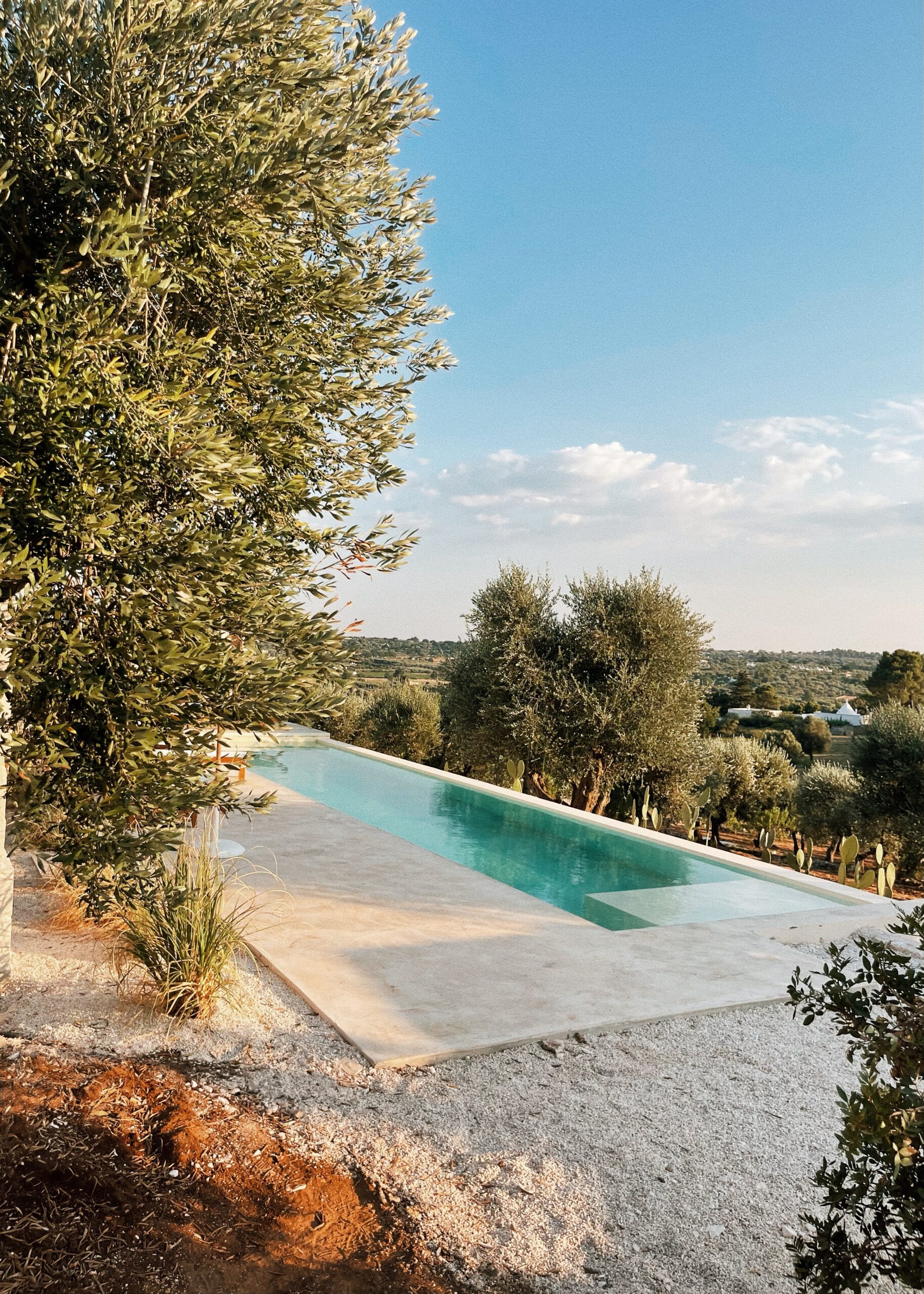 Modern infinity pool surrounded by olive trees and lush greenery, set against a scenic hillside landscape. The serene outdoor space features a sleek concrete deck and tranquil water, ideal for relaxation and leisure. | Only on SopranoVillas