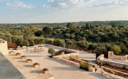 Scenic view of a landscaped outdoor area featuring stone pathways and seating arrangements, surrounded by lush green olive trees and rolling hills under a clear blue sky. Perfect for relaxation and enjoying nature.