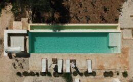 Aerial view of a modern swimming pool surrounded by lounge chairs and landscaped garden, featuring a turquoise water surface and minimalist design elements.