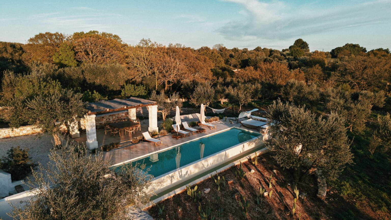 Aerial view of a serene villa featuring a swimming pool surrounded by olive trees, lounge chairs, and a shaded dining area, set in a lush, green landscape under a clear sky. | Only on SopranoVillas