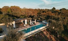 Aerial view of a serene villa featuring a swimming pool surrounded by olive trees, lounge chairs, and a shaded dining area, set in a lush, green landscape under a clear sky.