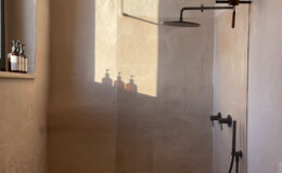 Modern bathroom shower with a glass enclosure, featuring a rainfall showerhead and minimalist decor. Natural light casts shadows on the textured wall, highlighting the sleek design. Bottles of shower products are neatly arranged on the windowsill.