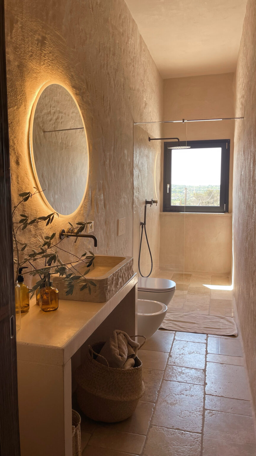 Modern bathroom interior featuring a large circular mirror with backlighting, a stone sink, and stylish fixtures. Natural light streams through a window, illuminating the textured walls and elegant decor, including olive branches and decorative baskets. The space combines minimalist design with a warm, inviting atmosphere. | Only on SopranoVillas