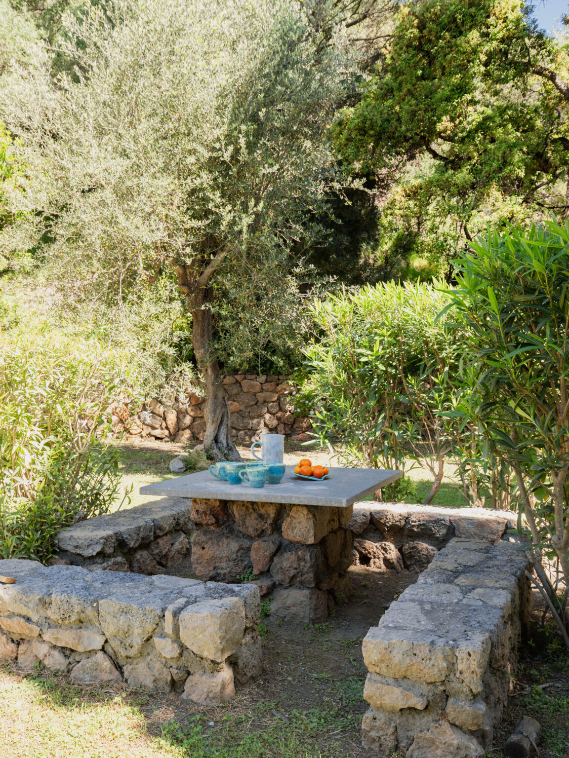 Stone seating area in a lush garden featuring an olive tree, a table with colorful ceramic cups, a pitcher, and a plate of oranges, surrounded by greenery. Ideal for outdoor dining and relaxation. | Only on SopranoVillas