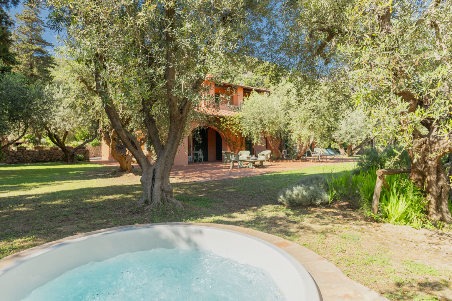 Charming countryside villa surrounded by olive trees, featuring a relaxing hot tub in the foreground and outdoor seating areas on a sunlit patio. Ideal for serene getaways and nature lovers. | Only on SopranoVillas