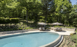 Serene outdoor swimming pool surrounded by lush greenery, featuring comfortable lounge chairs and umbrellas, ideal for relaxation in a tranquil garden setting.