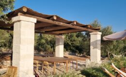 Outdoor dining area with a wooden pergola and stone columns, surrounded by lush greenery and a clear blue sky, ideal for gatherings and relaxation.
