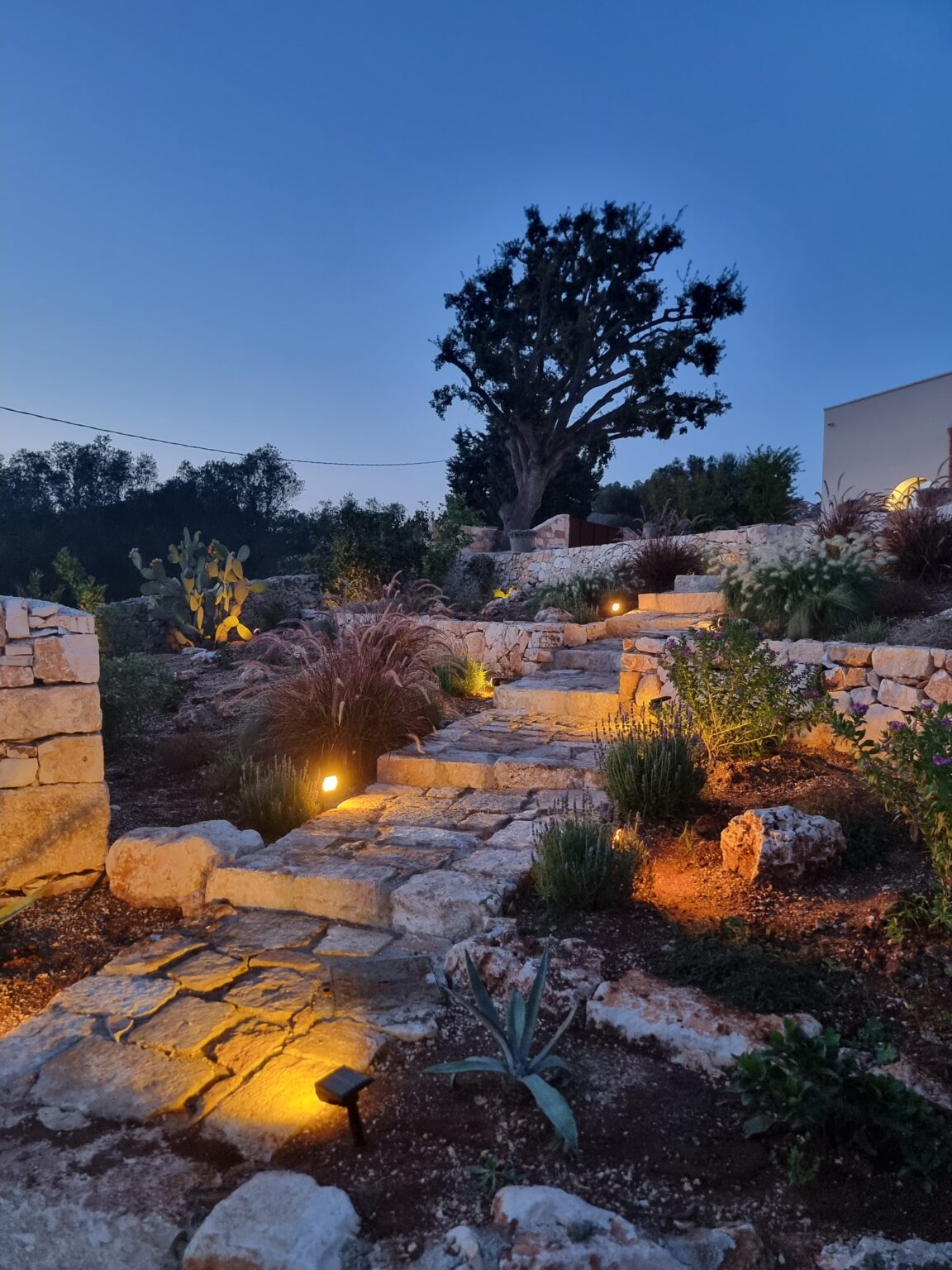 Stone pathway illuminated by warm lights, leading through a beautifully landscaped garden at dusk, featuring lush plants and a large tree in the background. | Only on SopranoVillas