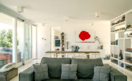 Modern living room featuring a grey sofa with decorative pillows, a large red rose painting on the wall, and a wooden dining table. The space includes glass doors leading to an outdoor area, built-in shelves displaying various items, and a bright, airy atmosphere.