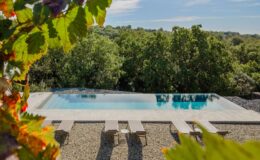 Scenic view of a modern infinity pool surrounded by lush greenery, featuring lounge chairs on a gravel patio, ideal for relaxation and outdoor enjoyment.