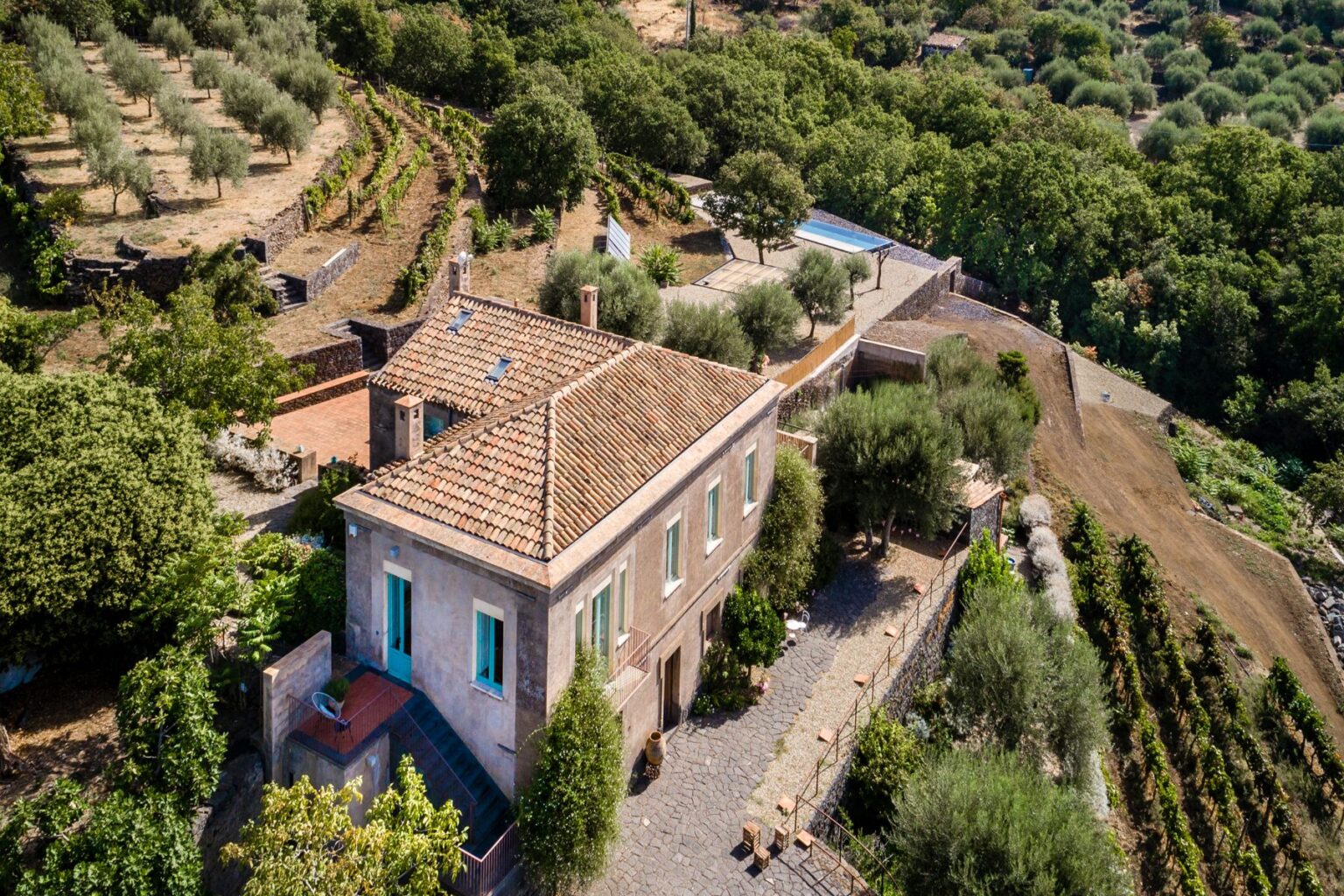 Aerial view of a charming countryside villa surrounded by olive trees and vineyards, featuring a swimming pool and landscaped gardens, showcasing a rustic stone pathway leading to the house. | Only on SopranoVillas