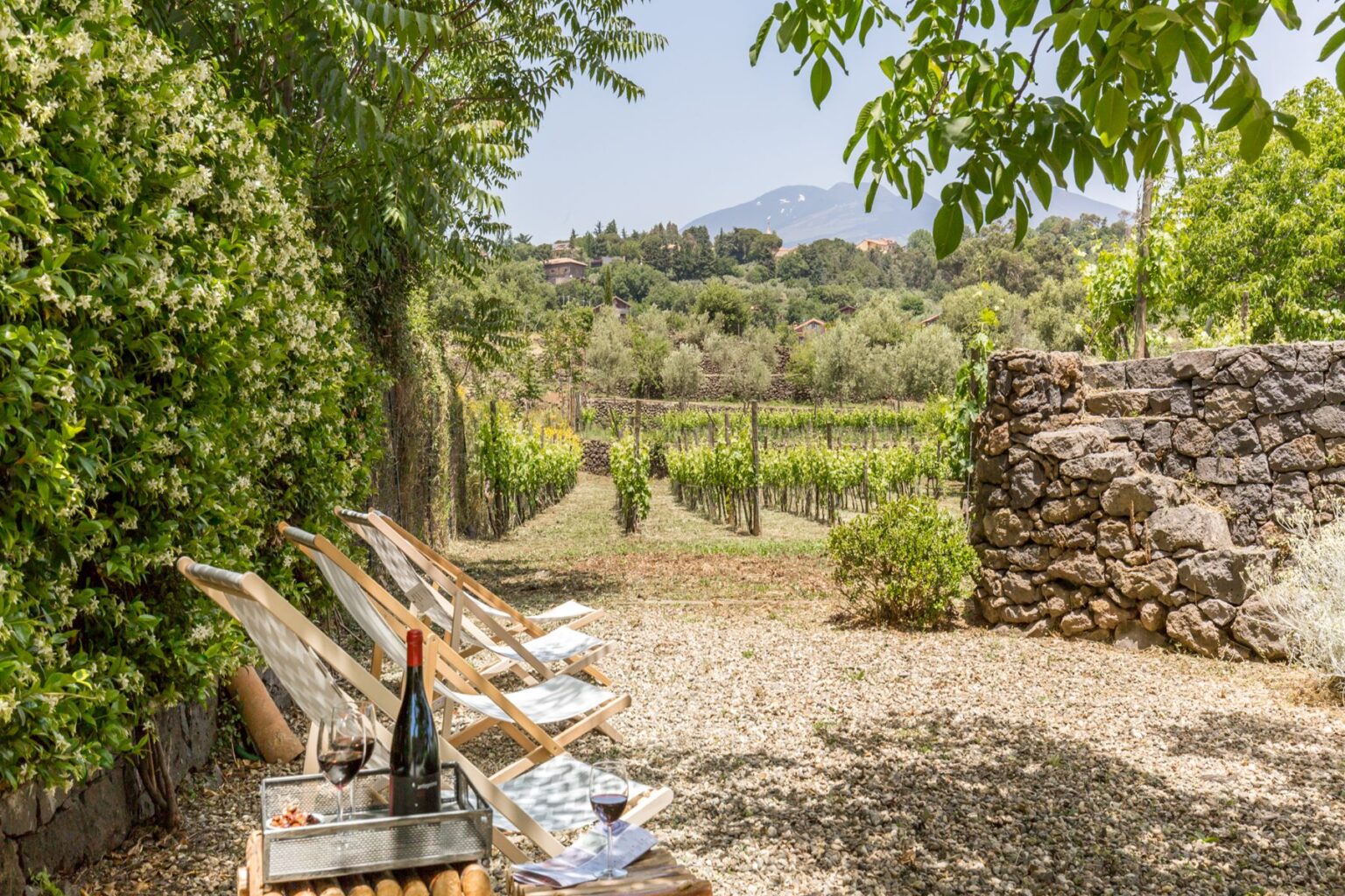 Relaxing outdoor seating area with loungers overlooking lush vineyards and distant mountains, featuring a bottle of red wine and a glass on a tray, set in a tranquil garden environment. | Only on SopranoVillas