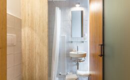 Modern bathroom interior featuring a sleek design with a glass shower, a round sink, a mirror, and stylish wooden accents. The space is bright and functional, showcasing contemporary tiles and efficient use of space.