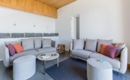 Modern living room with gray sofas, decorative pillows, a round coffee table, and a textured rug. Features wooden ceiling and stone wall accents, creating a cozy and stylish atmosphere.