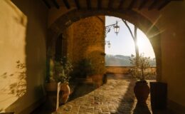 Sunlit archway with stone walls and hanging lanterns, featuring potted plants on a cobblestone floor, creating a serene atmosphere in a rustic setting.