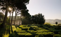 Scenic view of a landscaped garden with neatly trimmed hedges, a charming rustic house in the background, and tall trees casting shadows, set against a backdrop of rolling hills under a clear sky. Ideal for nature lovers and landscape photography enthusiasts.