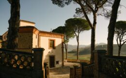 Scenic view of a rustic villa surrounded by tall trees, with a stone pathway leading to the entrance. The backdrop features rolling hills under a clear sky, highlighting the serene landscape of the countryside.