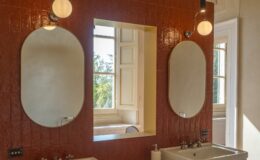 Modern bathroom interior featuring dual sinks, elegant oval mirrors, and stylish pendant lighting against a rich red tiled wall, with a window showcasing a view of greenery outside.