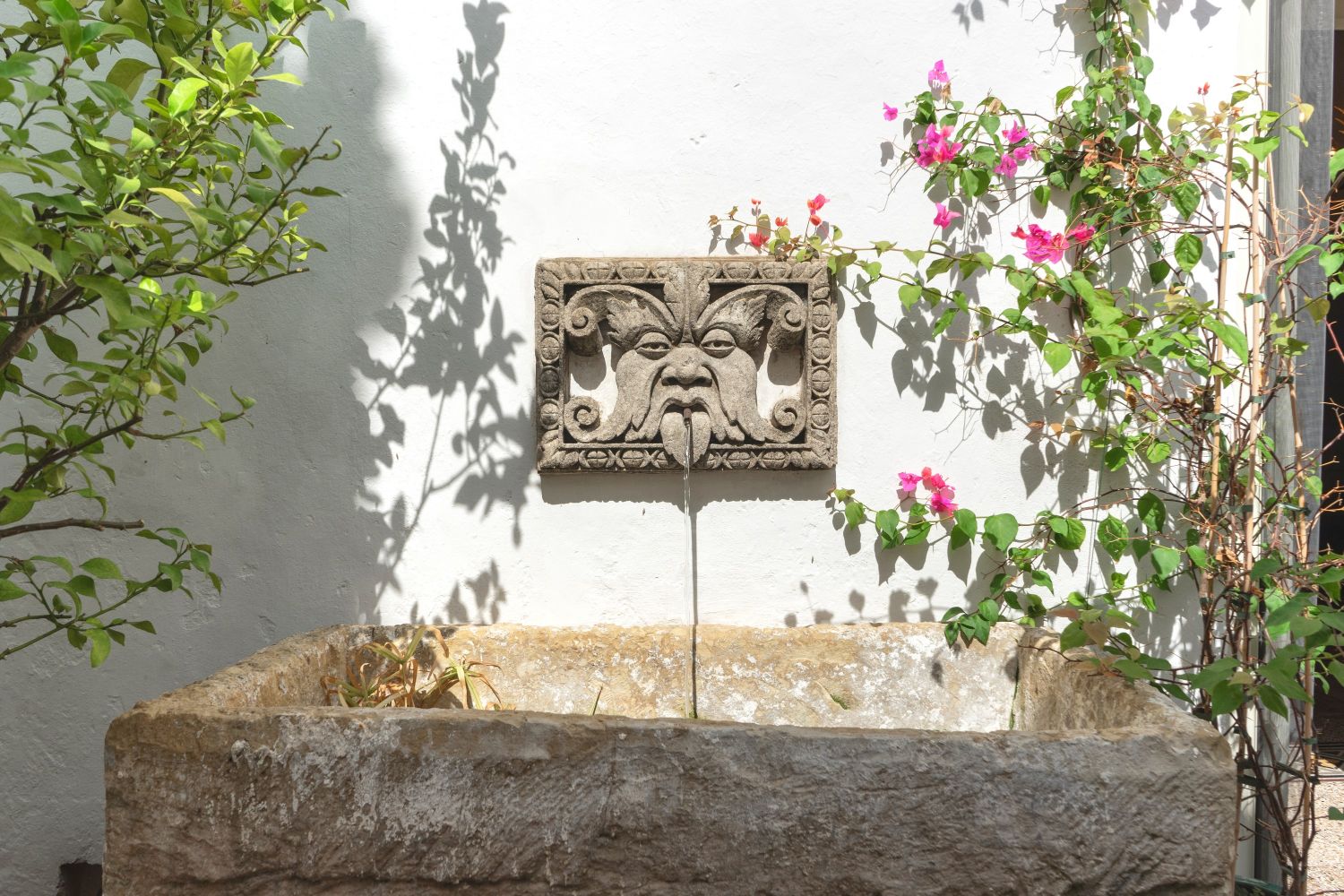 Stone wall fountain featuring a carved face with flowing water, surrounded by vibrant bougainvillea and lush green foliage. The rustic stone basin adds charm to the garden setting. | Only on SopranoVillas