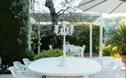 Outdoor dining area featuring a round white table with a decorative white candelabra at the center, surrounded by stylish white chairs, set against a lush green garden backdrop.