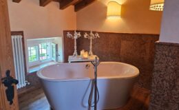 Modern bathroom interior featuring a freestanding white bathtub, elegant lighting, and a scenic window view. The warm wooden beams and decorative wall add a cozy touch, complemented by a stylish candle holder on a small table.