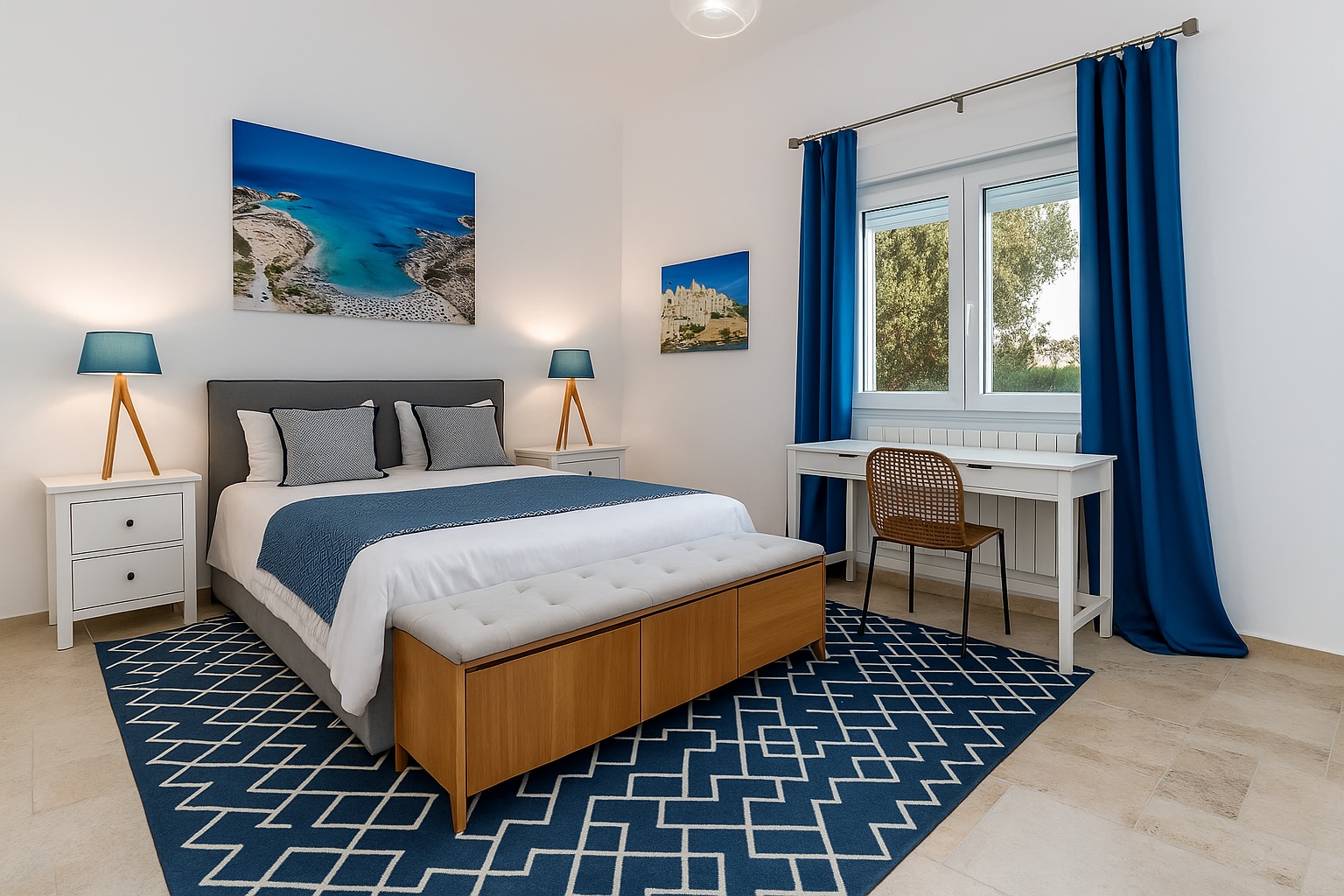 Modern bedroom featuring a queen-sized bed with a stylish gray and white bedding set, complemented by decorative pillows. The room includes a wooden nightstand with a lamp, a desk with a chair, and blue curtains. Two coastal-themed paintings adorn the walls, enhancing the serene atmosphere. The floor is covered with a geometric-patterned rug, creating a cozy and inviting space. | Only on SopranoVillas