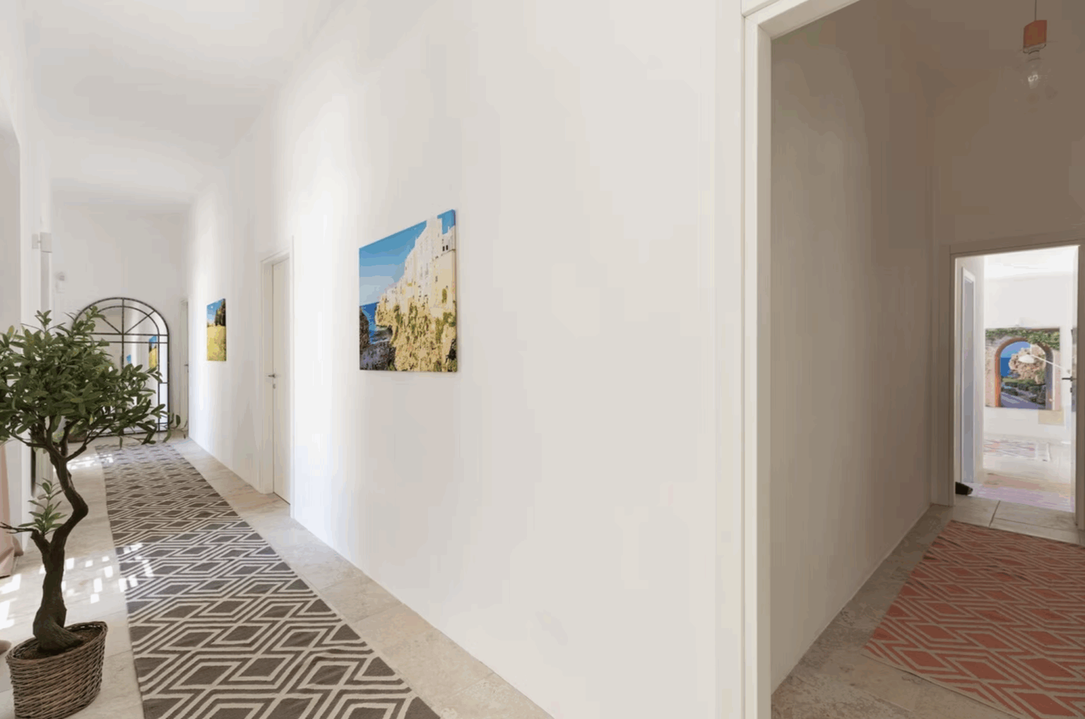 Modern hallway interior featuring white walls, decorative artwork, and patterned flooring, with a glimpse of an adjoining room. A potted plant adds a touch of greenery to the space. | Only on SopranoVillas