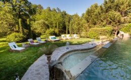 Lush outdoor pool area surrounded by greenery, featuring a curved pool, stone deck, and comfortable lounge chairs for relaxation.