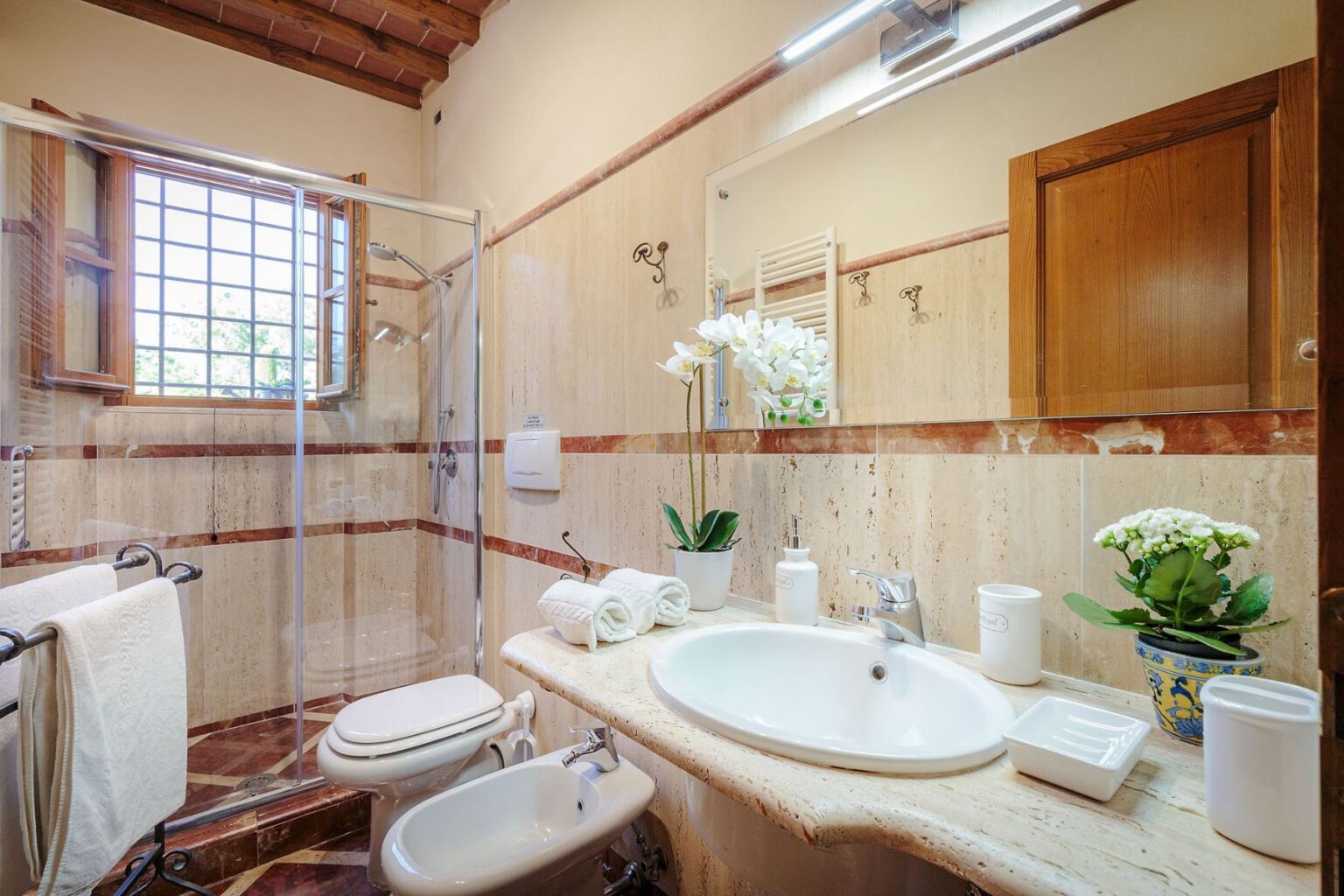 Modern bathroom design featuring a glass shower enclosure, a round sink with elegant fixtures, and a wooden cabinet. Decorated with indoor plants and natural light from a window, creating a warm and inviting atmosphere. | Only on SopranoVillas