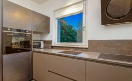 Modern kitchen interior featuring sleek cabinetry, stainless steel appliances, and a large window with a view of greenery. The design includes a built-in oven, microwave, and a minimalist sink area, emphasizing functionality and style in contemporary home design.