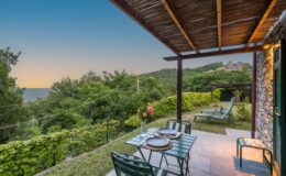 Cozy outdoor patio with a table set for dining, featuring green chairs and a vase of flowers, surrounded by lush greenery and a view of the sea at sunset. Perfect for relaxation and outdoor meals in a tranquil setting.
