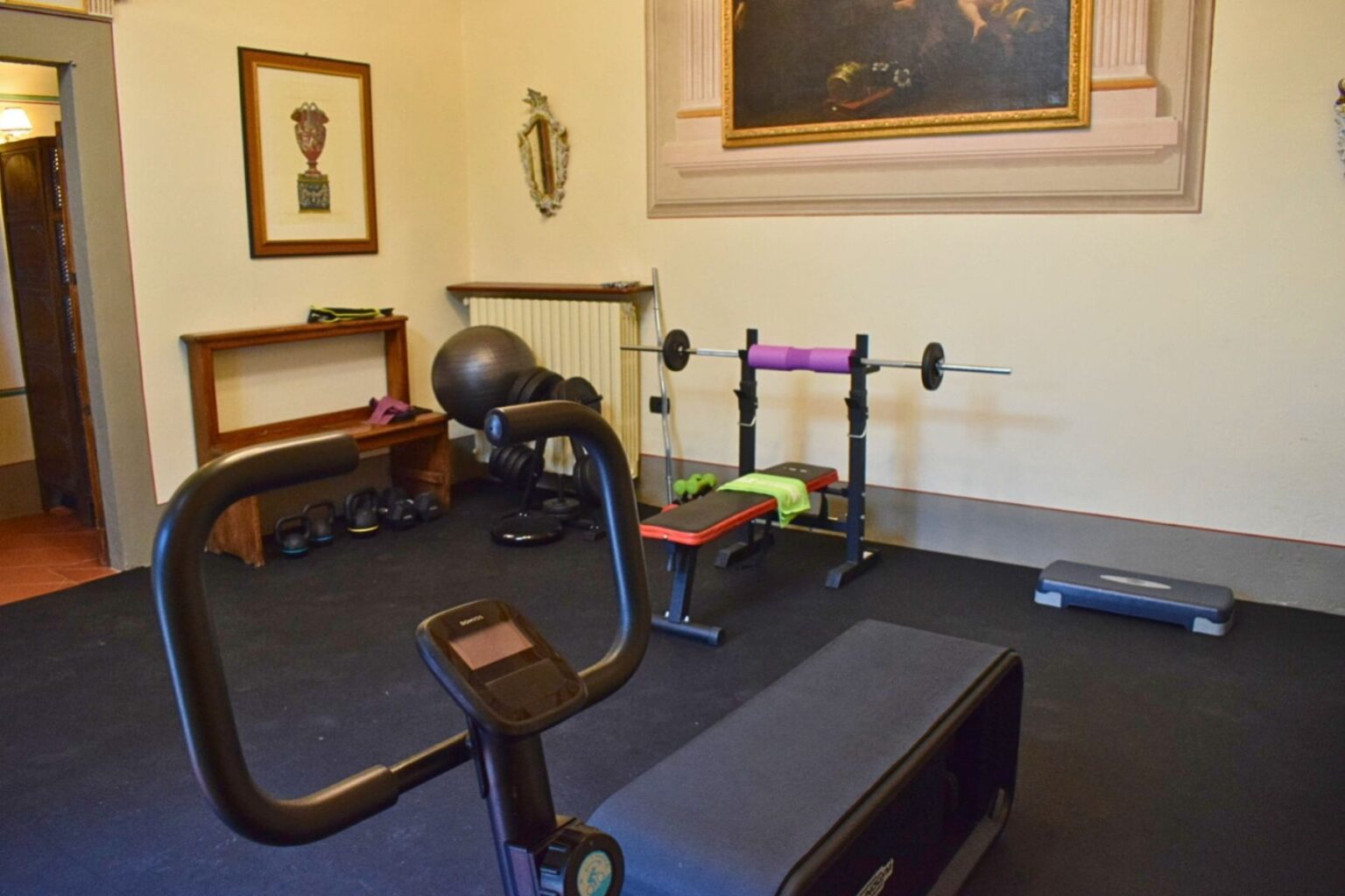 Home gym setup featuring a stationary bike, weight bench with barbell, dumbbells, exercise ball, and workout mats on a black rubber floor. Wall decor includes a framed painting and a mirror. | Only on SopranoVillas