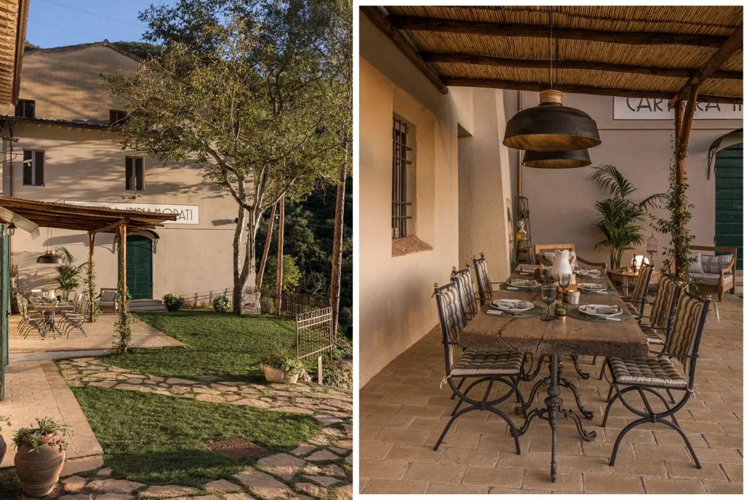 Charming outdoor dining area at a rustic Italian villa, featuring a wooden table set for a meal, surrounded by elegant metal chairs and lush greenery. The villa's facade is visible, showcasing a welcoming entrance and scenic landscaping. Perfect for al fresco dining experiences. | Only on SopranoVillas