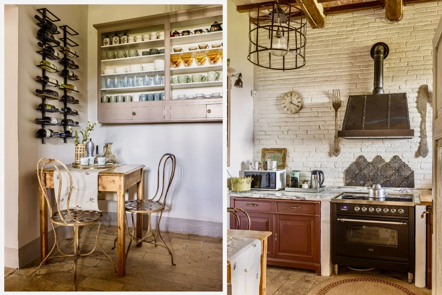 Cozy kitchen and dining area featuring a rustic wooden table with two vintage chairs, a wine rack displaying various bottles, and a well-organized cabinet showcasing glassware. The adjacent kitchen boasts a modern stove, decorative backsplash, and a stylish pendant light, creating a warm and inviting atmosphere. | Only on SopranoVillas