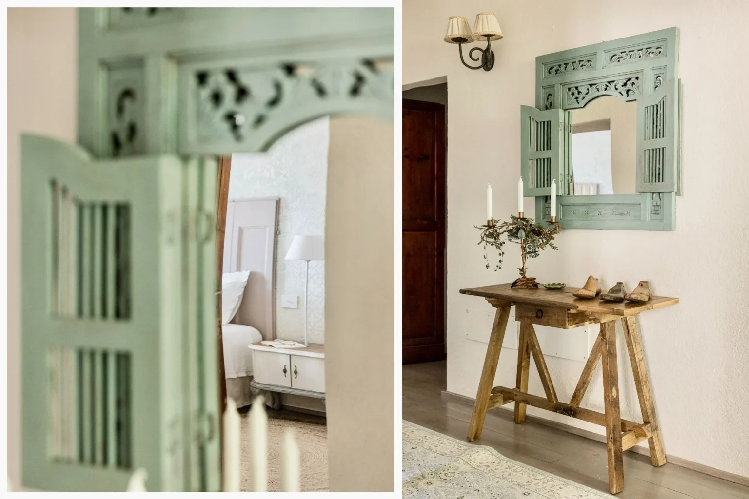 Decorative interior featuring a vintage green mirror with shutter details, a rustic wooden table with decorative items, and soft lighting in a cozy living space. | Only on SopranoVillas