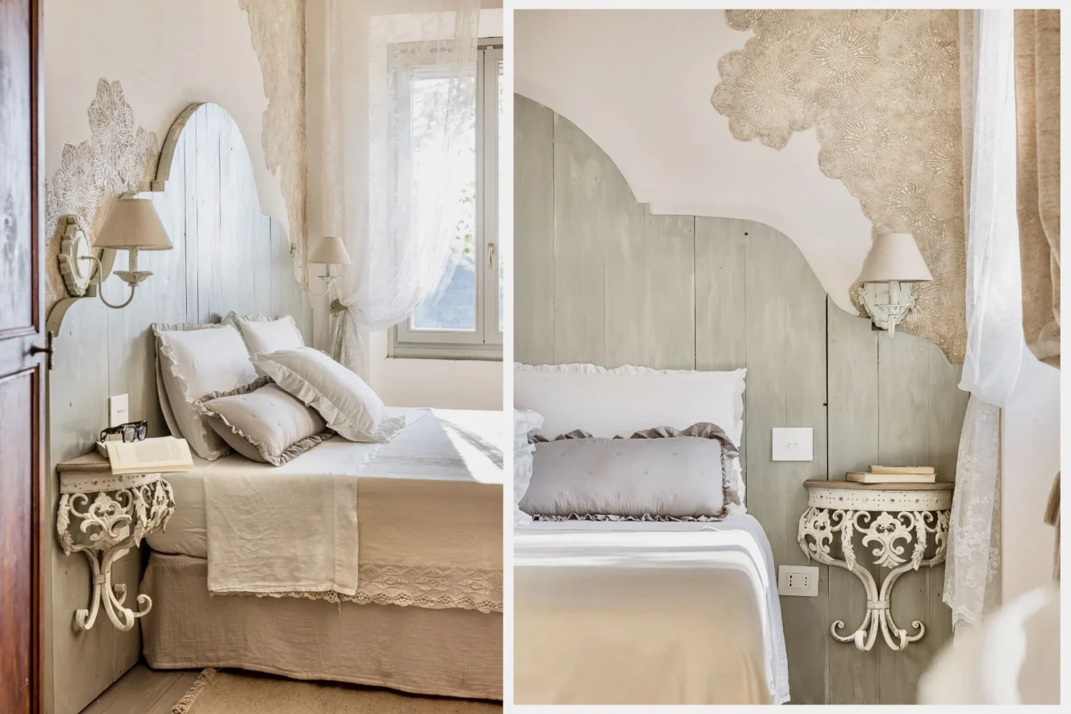 Cozy bedroom interior featuring a light color palette with a wooden headboard, decorative pillows, and a vintage-style bedside table. Soft natural light filters through sheer curtains, enhancing the serene ambiance. Ideal for showcasing elegant home decor inspiration. | Only on SopranoVillas