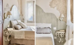 Cozy bedroom interior featuring a light color palette with a wooden headboard, decorative pillows, and a vintage-style bedside table. Soft natural light filters through sheer curtains, enhancing the serene ambiance. Ideal for showcasing elegant home decor inspiration.