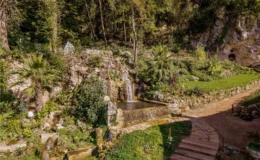Lush garden landscape featuring a serene waterfall cascading into a clear pond, surrounded by vibrant greenery and tropical plants, with a stone pathway leading through the natural setting.