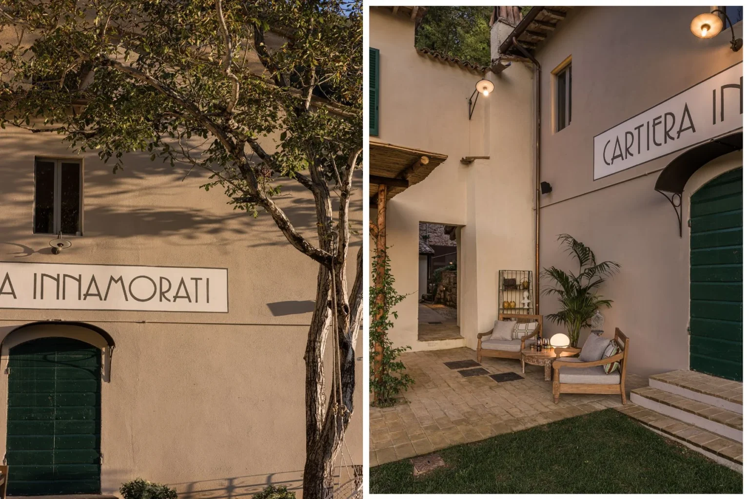 Exterior view of a charming building labeled "Cartiera Innamorati," featuring a green door and a cozy outdoor seating area with stylish furniture and plants. The image showcases the inviting atmosphere of the location, ideal for relaxation. | Only on SopranoVillas