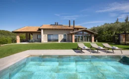 Modern villa with a swimming pool, surrounded by lush greenery, featuring a spacious lawn and outdoor seating area. The house showcases a combination of stone and contemporary architecture under a clear blue sky.