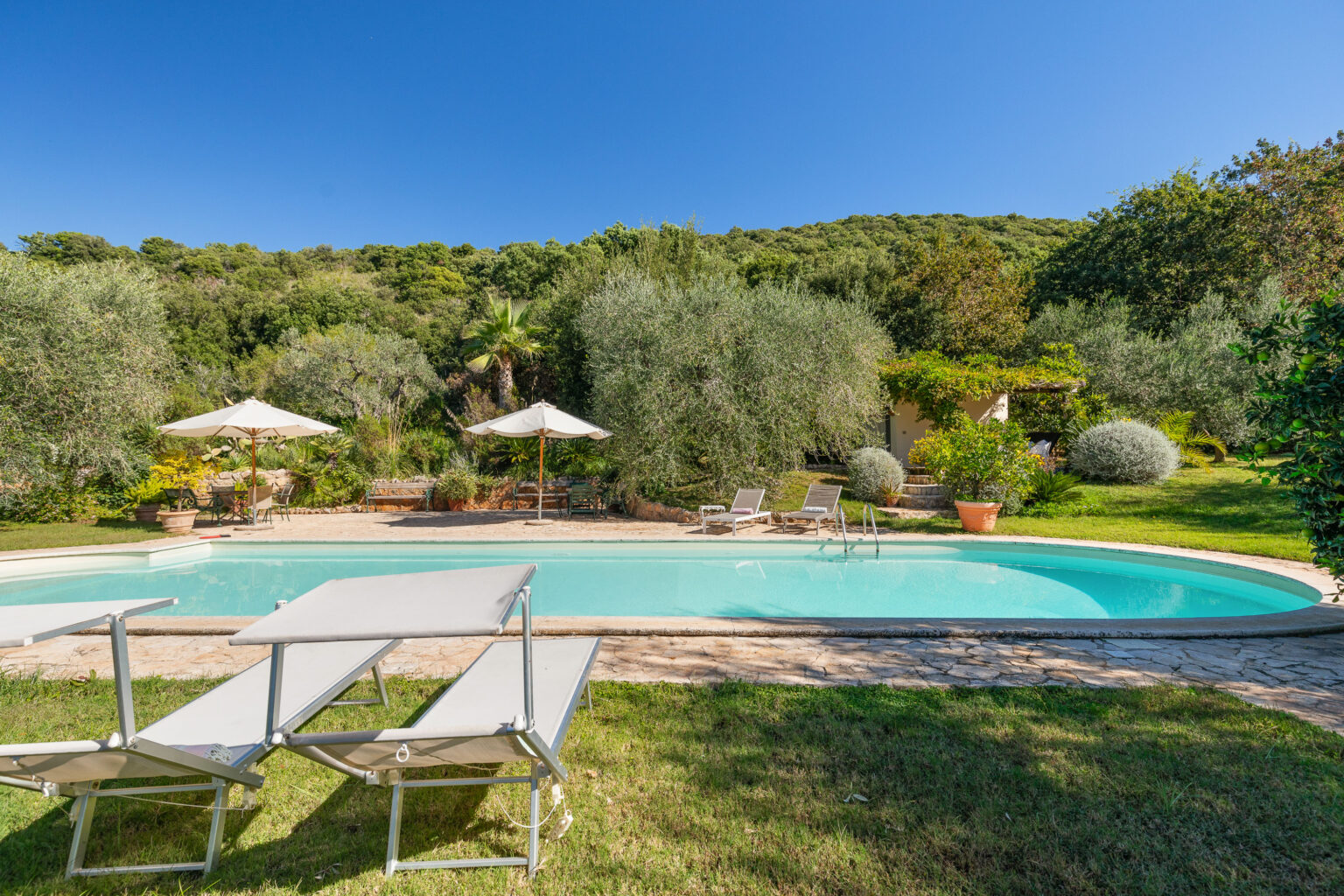 Serene outdoor pool area surrounded by lush greenery, featuring sun loungers and umbrellas, ideal for relaxation in a tranquil setting. | Only on SopranoVillas