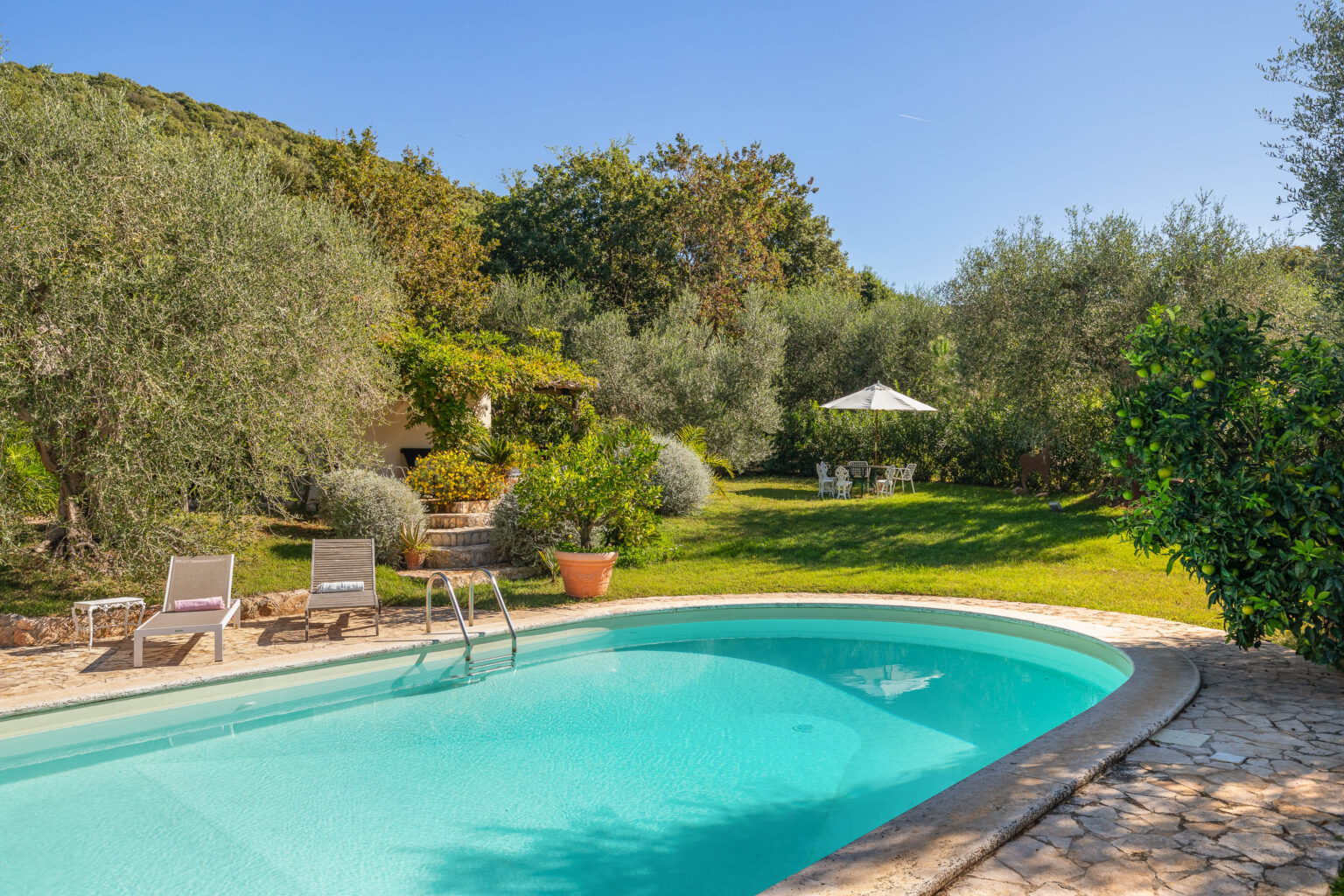 Serene outdoor pool surrounded by lush greenery, olive trees, and a cozy seating area with a parasol, ideal for relaxation and leisure in a tranquil garden setting. | Only on SopranoVillas