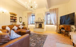 Cozy living room featuring leather sofas, a decorative chandelier, and a fireplace. The space includes large windows with floral curtains, a TV on a vintage-style cabinet, and a bookshelf filled with books, creating a warm and inviting atmosphere.