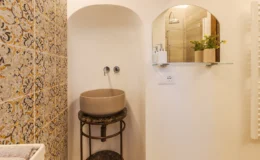 Modern bathroom design featuring a stylish round sink on a metal stand, decorative patterned tiles, a wall mirror, and minimalist shelving with potted plants.