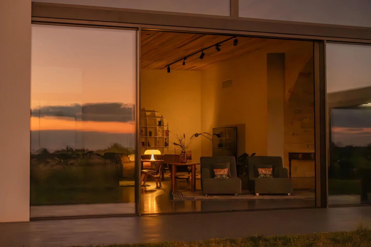 Modern living room with large glass windows reflecting a sunset, showcasing comfortable seating and warm lighting, creating a cozy ambiance. | Only on SopranoVillas