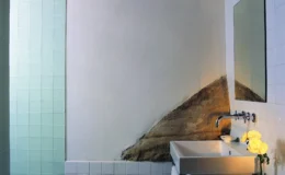 Modern bathroom design featuring a minimalist sink, a large mirror, and a unique textured wall with natural elements. The shower area is separated by glass tiles, creating a sleek and contemporary look. Yellow flowers add a touch of color to the space.