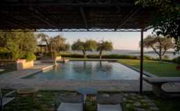 Scenic view of a modern outdoor pool surrounded by olive trees, with a spacious lawn and patio furniture. Ideal for relaxation and outdoor gatherings.
