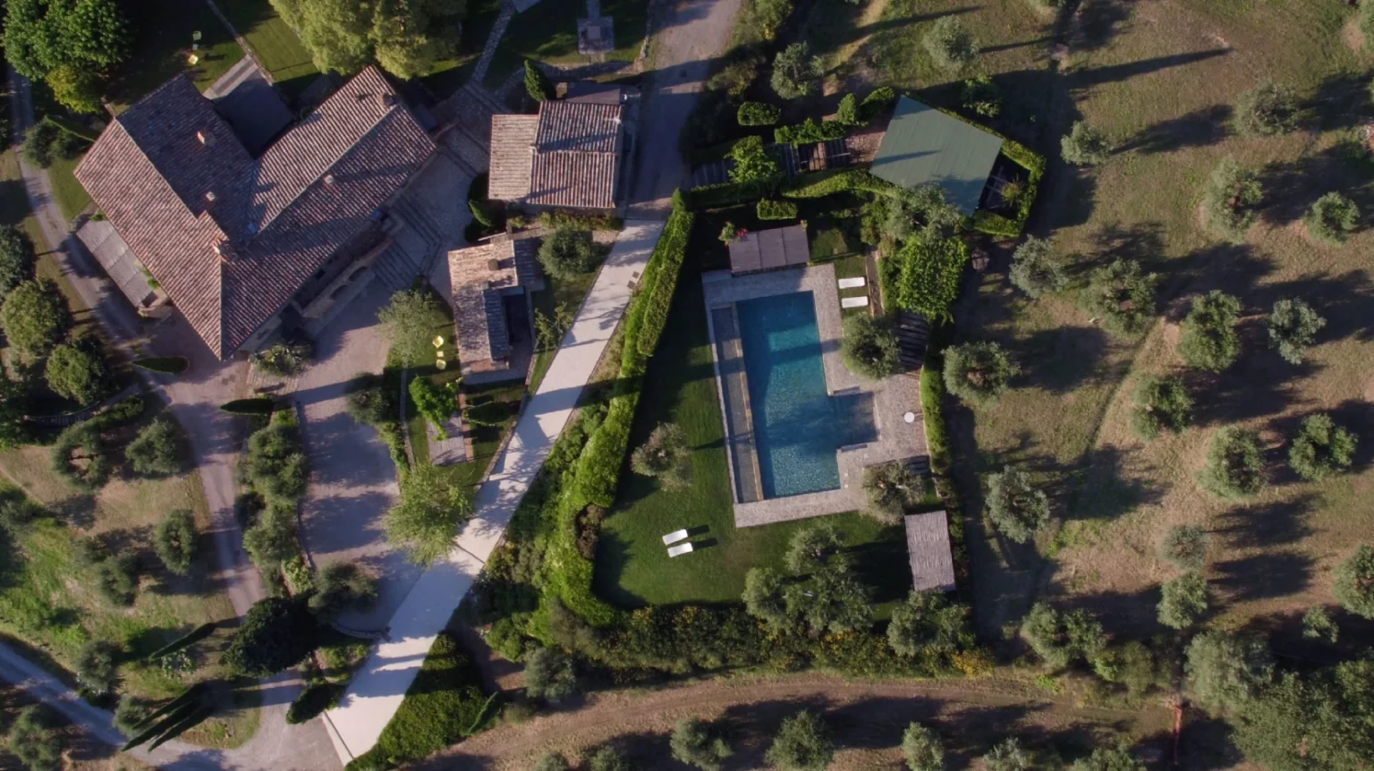 Aerial view of a luxurious villa surrounded by olive trees, featuring a landscaped garden with a swimming pool and lounge chairs. | Only on SopranoVillas