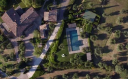 Aerial view of a luxurious villa surrounded by olive trees, featuring a landscaped garden with a swimming pool and lounge chairs.