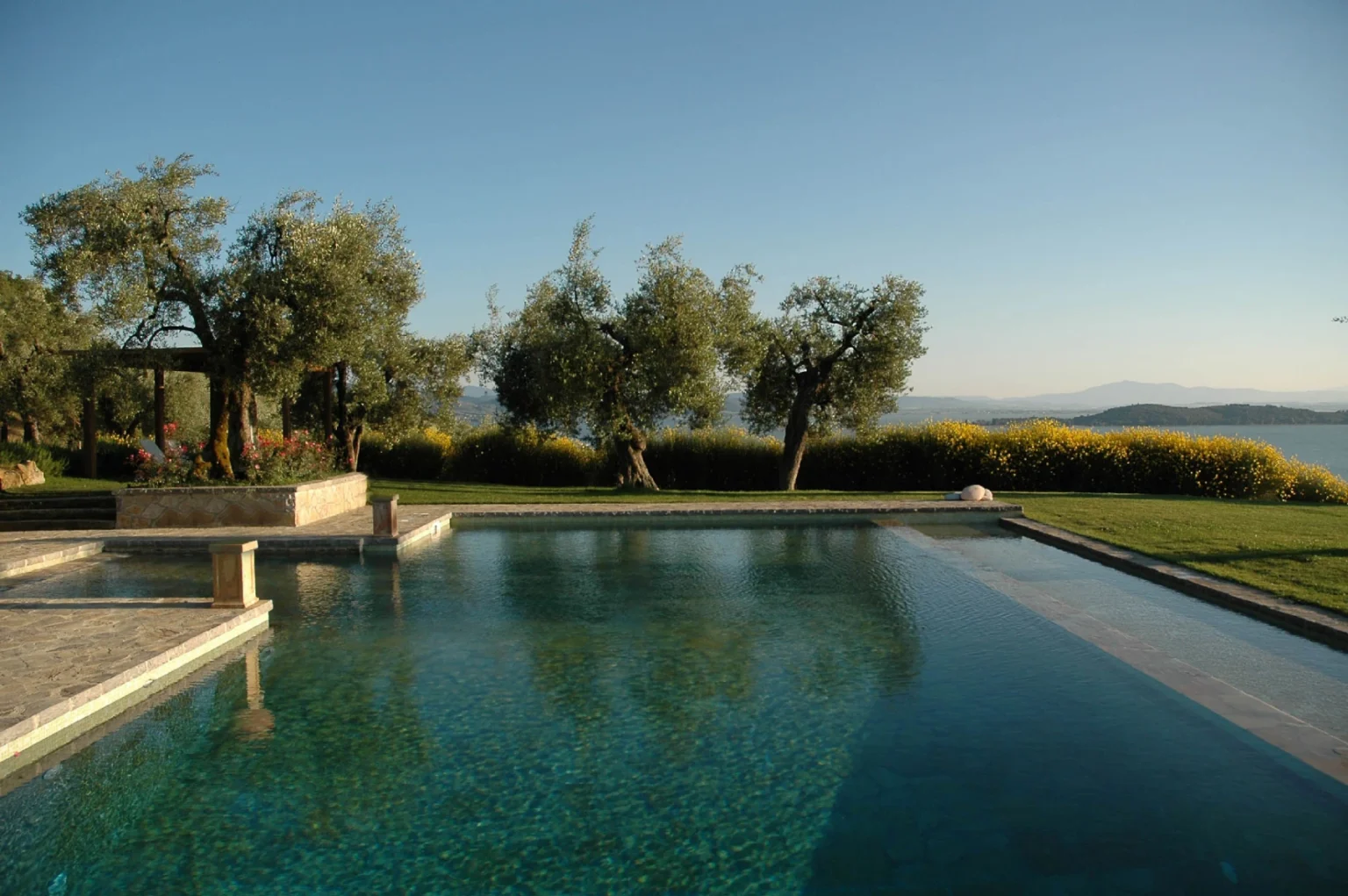 Luxury outdoor pool with clear blue water, surrounded by olive trees and lush greenery, offering a scenic view of the landscape and sky. Ideal for relaxation and leisure. | Only on SopranoVillas